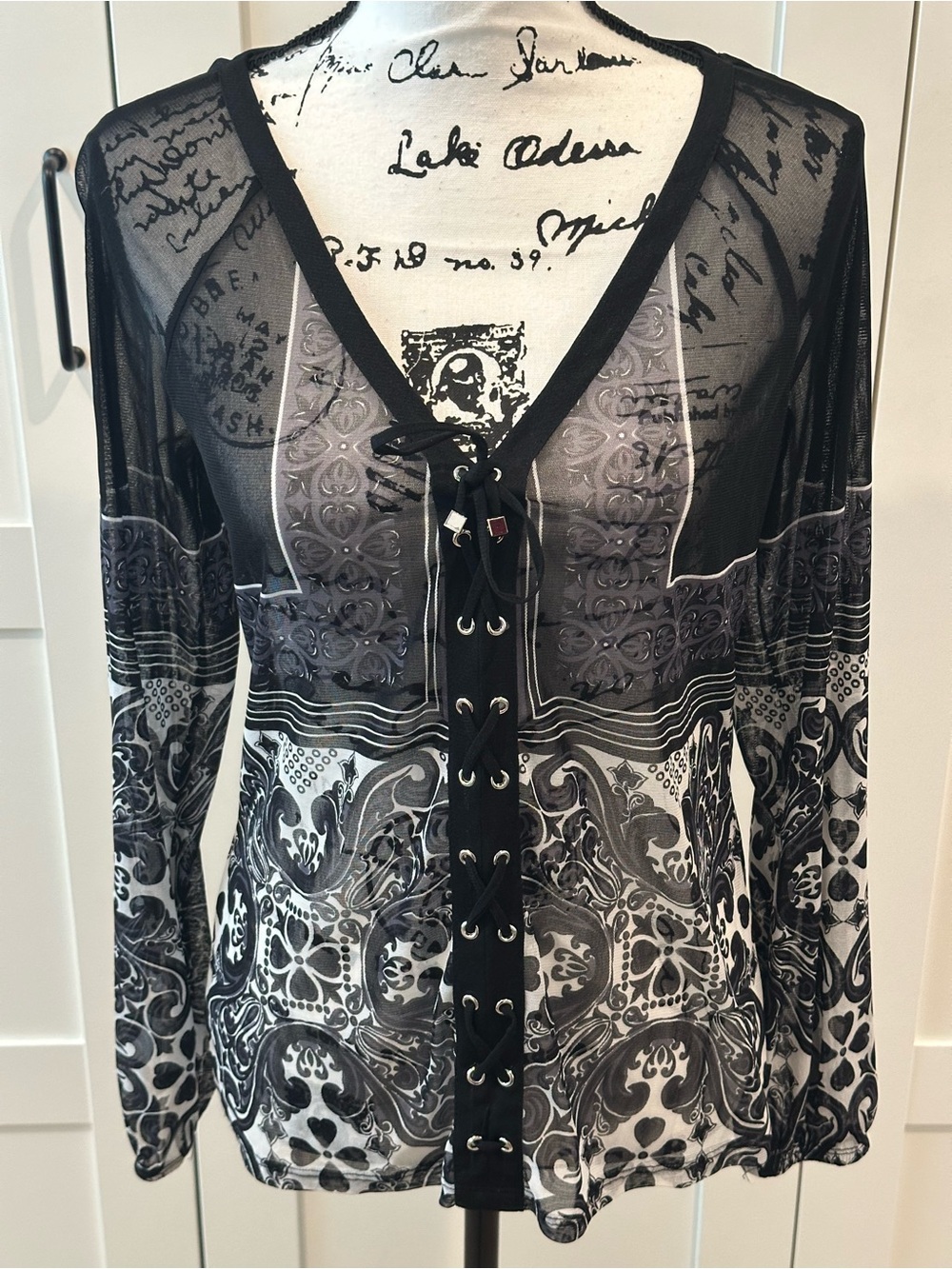 INC-Black, White & Gray Lace-Up Sheer Printed Women's Top size Medium .